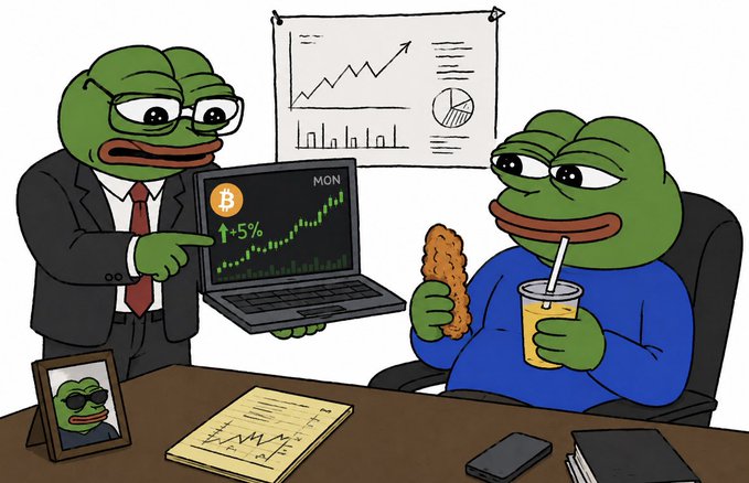 A cartoon illustration showing two Pepe the Frog characters in an office, one in a suit pointing at a laptop displaying 'MON ↑5%' with a Bitcoin symbol, while the other drinks from a yellow cup.