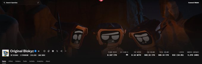 A webpage shows the 'Original Blokyz' NFT collection on OpenSea with a floor price of 0.187 ETH.