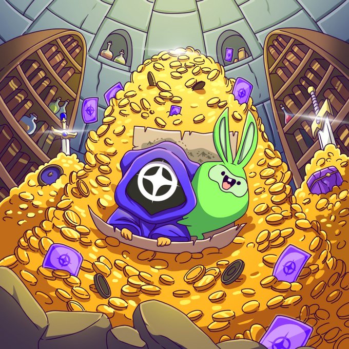 A colorful illustration of a hooded figure with a symbol face and a green bunny-like creature sitting on a massive pile of gold coins in a treasure vault.