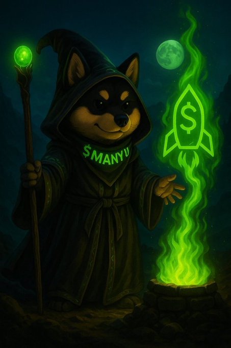 The image features a cartoon dog dressed as a wizard, holding a wand and standing next to a fire pit with a green rocket floating above it. The caption of the image reads "Time is fully ripped $MANYU is dancing right in front of us all waiting for that catalyst before explosion". This suggests that the wizard character might be involved in some sort of magical or mystical activity, possibly related to time travel or other fantastical elements.