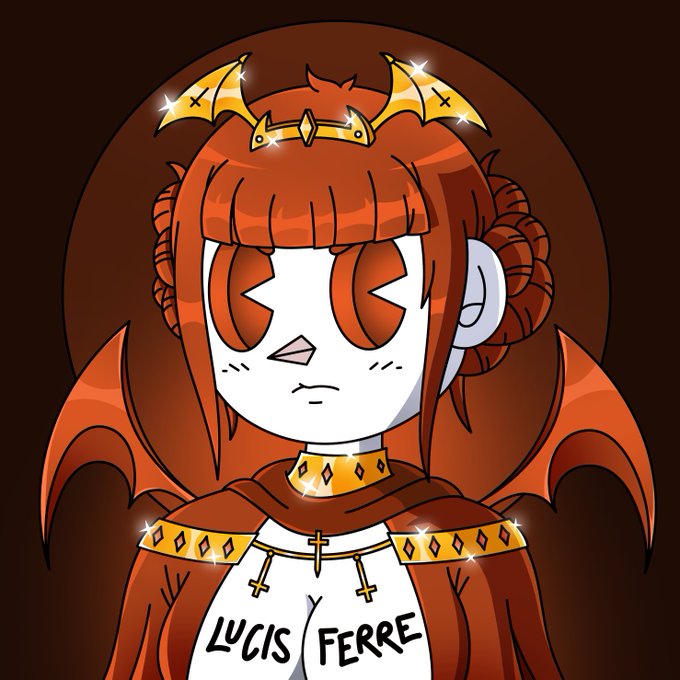 A cartoon-style illustration of a character with red hair, bat wings, and a golden crown and jewelry, with 'LUCIS FERRE' written on their white shirt.