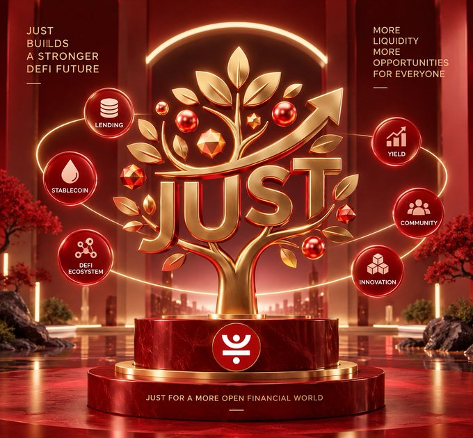 A golden "JUST" tree monument surrounded by DeFi ecosystem icons (Lending, Stablecoin, Yield, Community, Innovation) with the tagline "JUST BUILDS A STRONGER DEFI FUTURE" and "JUST FOR A MORE OPEN FINANCIAL WORLD," visually reinforcing the post's message about JUST's robust infrastructure enabling simplified, user-friendly stablecoin transfers through GasFree innovation.