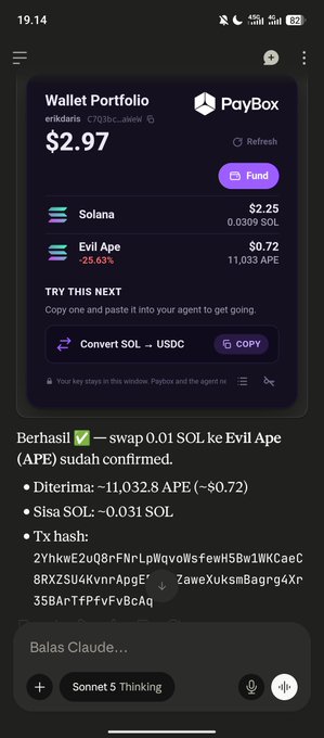 A mobile screenshot of a PayBox Wallet Portfolio showing a balance of $2.97, holding Solana ($2.25) and Evil Ape ($0.72), with a confirmation message in Indonesian stating the swap of 0.01 SOL to Evil Ape (APE) was confirmed.