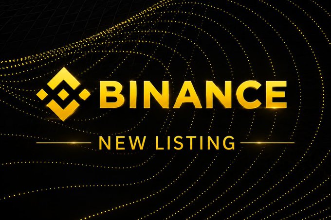 A promotional graphic featuring the Binance logo in gold with the text 'NEW LISTING' against a black background with gold dotted wave patterns.
