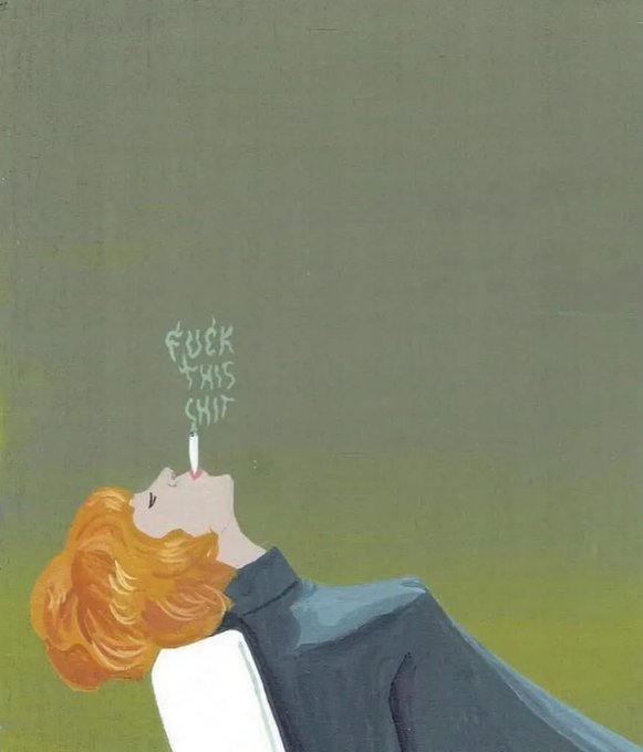 A digital illustration of a red-haired person leaning back, blowing smoke from a cigarette that forms the words 'FUCK THIS SHIT' in green text against a muted green background.