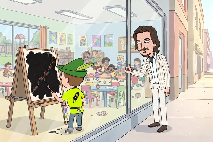 A child dressed as Robin Hood paints a black abstract canvas labeled with a "$CASHCAT" chart, while a man resembling Robinhood founder Vlad Tenev, holding a "hooded" thumbs-up gesture, watches approvingly from outside the studio. The cartoon playfully references the post about Robinhood commissioning a Cashcat chart painting to celebrate the new layer 2.