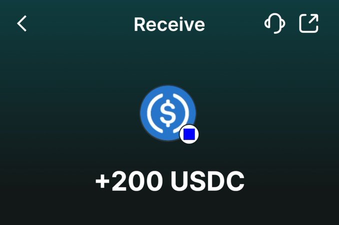 A mobile wallet screen shows a successful crypto transaction displaying "+200 USDC" with a USDC token logo on a dark teal background, under a "Receive" header. The image visually celebrates the receipt of 200 USDC as payment, aligning with the post's celebration of earning through a 4th Web3 gig of the month.