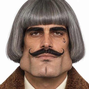 A digitally altered portrait of a man wearing a gray bowl-cut wig, an exaggerated curled mustache, heavy makeup, and a brown fur-collared coat.