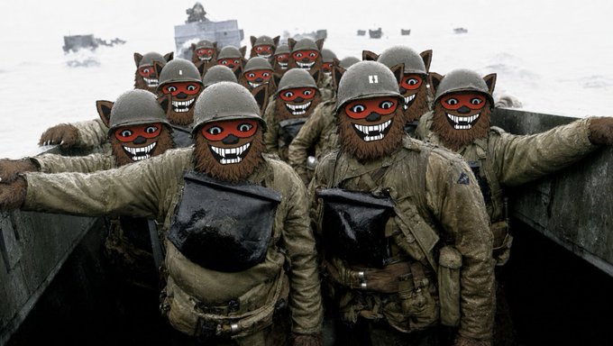 A group of soldiers from what appears to be the WWII D-Day scene, with their faces obscured by a repeating cartoonish brown furry character face mask with a wide toothy grin.