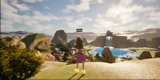 Screenshot from a video game showing a character named 'Kokai' with brown hair and green fairy wings, standing in a rocky desert landscape near a lake.