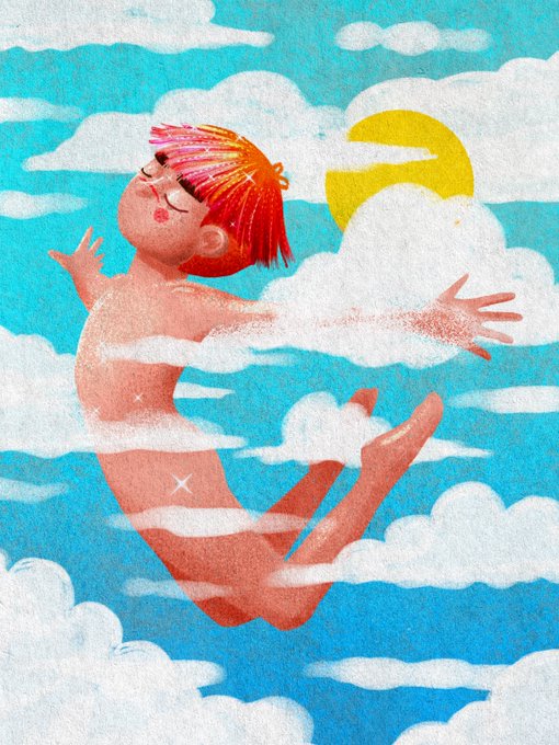 An illustration depicts a person with bright pink-orange hair floating among clouds in a blue sky, reaching toward a yellow crescent moon with closed eyes in a peaceful pose.