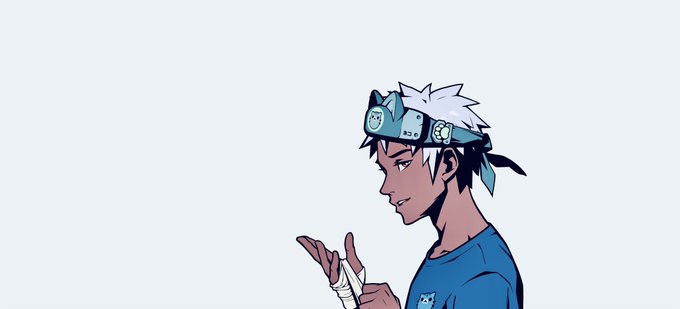 Anime illustration of a young man with dark skin, white spiky hair, and a blue creature-themed headband, shown in profile gesturing with his hand against a light gray background.