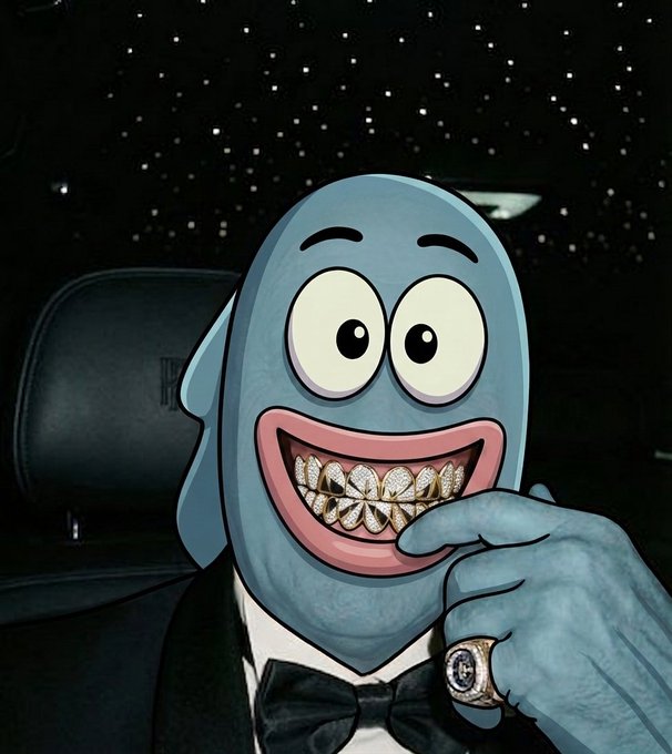A humorous edited image featuring a cartoon shark character with diamond-encrusted gold grillz and a large diamond ring, set against a starry night sky background.