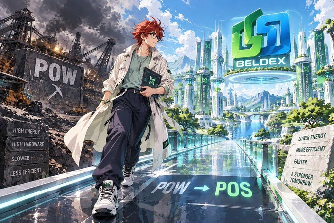 An anime-style illustration contrasts a dark industrial mining area labeled "POW" with a bright futuristic city labeled "BELDEX," showing a transition "POW → POS" with bullet points comparing high energy hardware versus lower energy efficiency.