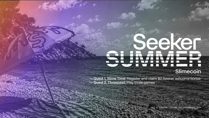A beach scene with a Seeker-branded umbrella on the sand beside calm waters under a cloudy sky, overlaid with promotional text for "Seeker SUMMER" Slimecoin quests. The graphic advertises two mission objectives—"Quest 1, Slime Time: Register and claim $2 Seeker welcome bonus" and "Quest 2, Threepeat: Play three games"—directing viewers to get a Seeker at the Solana dApp Store, tying into the post announcing new live quests on @slimecoinio.
