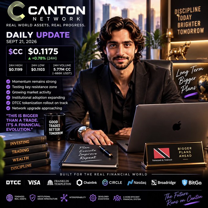 Canton Network 'Daily Update' for Sept 21, 2026 showing $CC price at $0.1175 (+0.78%, 24H), 24H volume of 5.77M CC, featuring a man at a laptop with motivational text and partner logos including DTCC, Visa, Franklin Templeton, Chainlink, Circle, Nasdaq, Broadridge, and BitGo.