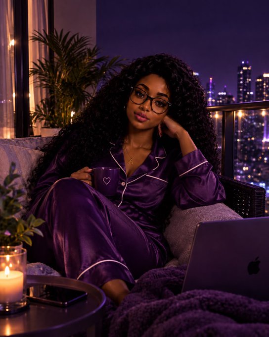 A woman with long curly hair and glasses sits on a balcony couch in purple satin pajamas, holding a mug, with a city skyline visible at night in the background.