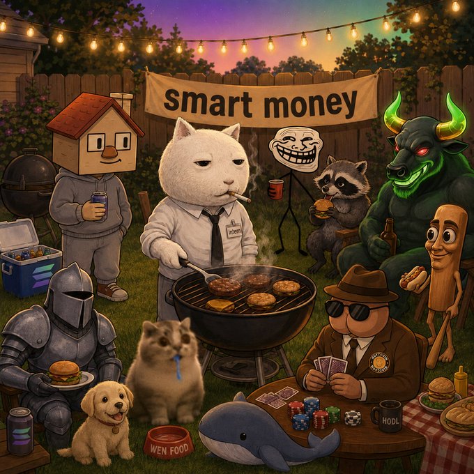 A group of anthropomorphic animals and characters, including a cat grilling and a bull, gather under a "smart money" banner, with a cooler displaying the Solana logo, hinting at Solana being their digital home. The imagery suggests a celebratory gathering of those invested in the Solana ecosystem.