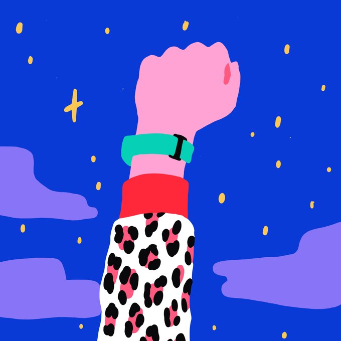 A digital illustration of a raised fist wearing a teal wristband against a blue night sky with purple clouds and yellow stars.