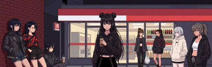 An anime-style illustration depicts several characters standing outside a convenience store at night, with one central female character holding a coffee cup.