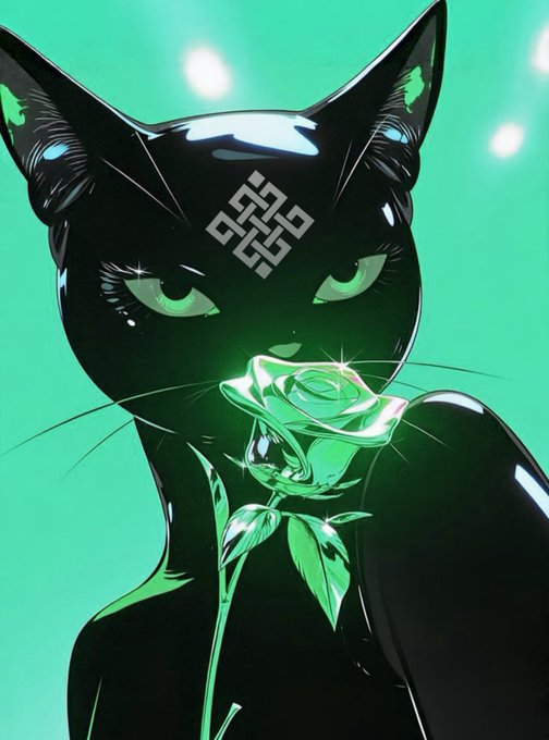 A stylized illustration of a sleek black cat with green eyes and a white runic symbol on its forehead, holding a glowing green rose against a teal background.