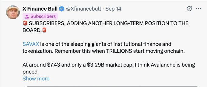 A verified post from "X Finance Bull" (@Xfinancebull) dated September 14 announces a new long-term position for subscribers, highlighting $AVAX (Avalanche) as a "sleeping giant" of institutional finance and tokenization at around $7.43 with a $3.29B market cap. The accompanying caption ties to this by showing the profit gained from that $7.43 call, with subscribers turning a $5,000 investment into approximately $7,941 for nearly +59% gains.