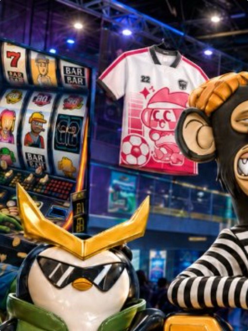 A whimsical NFT-style display features a cool penguin mascot with sunglasses and a V-shaped gold headpiece alongside a mischievous monkey character, set in front of a vibrant slot machine showing "BAR BAR 7" symbols and a hanging jersey marked "22." The scene blends cartoonish crypto characters with casino elements, capturing the playful, gamified aesthetic of the NFT digital collectibles space.