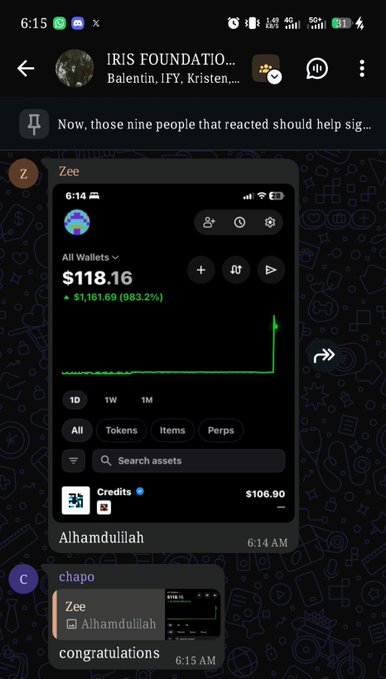 A Telegram chat from 'IRIS FOUNDATIO...' showing a Zee wallet balance of '$118.16' with a +983.2% gain on Credits at $106.90, with users 'Zee' and 'chapo' congratulating each other.