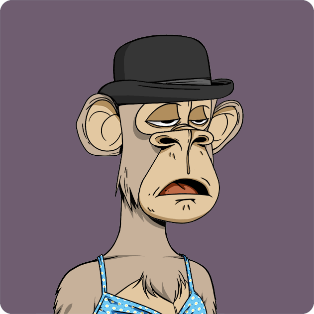 A cartoon illustration of a Bored Ape-style monkey character with a bored expression, wearing a black bowler hat and a blue polka-dot spaghetti strap top against a purple background.