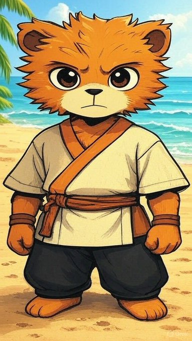 Digital illustration of an anthropomorphic orange bear character wearing a beige martial arts gi with an orange belt, standing on a beach with palm trees and ocean in the background.