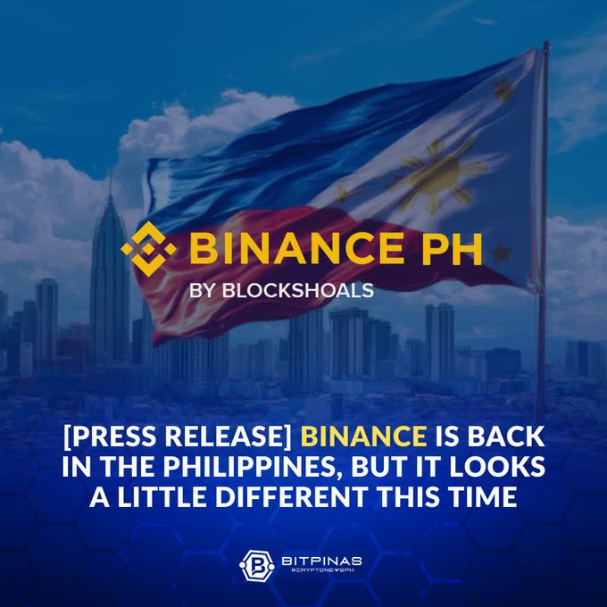 A promotional graphic for Binance PH by Blockshoals, featuring the Philippine flag waving over a cityscape with the text '[PRESS RELEASE] BINANCE IS BACK IN THE PHILIPPINES, BUT IT LOOKS A LITTLE DIFFERENT THIS TIME' and a BitPinas logo.
