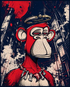 A stylized digital painting of a red monkey character with a golden halo and spiked necklace against a dark, textured background.