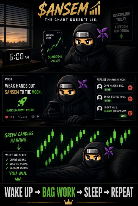 Cryptocurrency meme graphic titled '$ANSEM - THE CHART DOESN'T LIE' featuring a ninja character, a phone showing '$ANSEM USDT $0.000042 +18.47%', and posts like 'WEAK HANDS OUT. $ANSEM TO THE MOON.' with the caption 'WAKE UP → BAG WORK → SLEEP → REPEAT'.