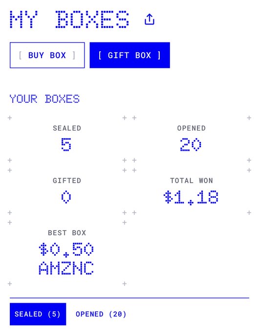 A pixel-art style screen titled "MY BOXES" with options to BUY BOX or GIFT BOX, showing stats: 5 sealed, 20 opened, 0 gifted, $1.18 total won, with a best box of $0.50 from AMZNC.