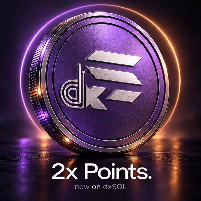 A promotional graphic featuring a metallic purple coin with "dx" engraved on it, surrounded by glowing purple and orange rings, with the text "2x Points. now on dxSOL".