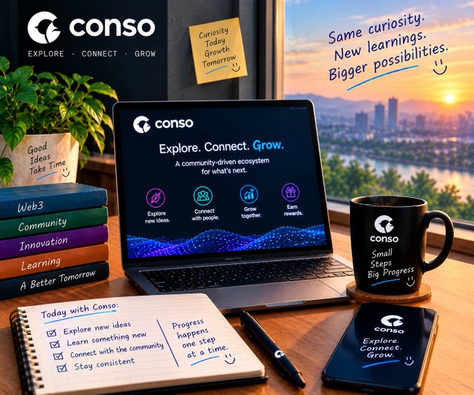 A promotional workspace display for 'conso' features a laptop with the tagline 'Explore. Connect. Grow.', alongside a branded coffee mug, notebook, phone, and books with messages like 'Same curiosity. New learnings. Bigger possibilities.'
