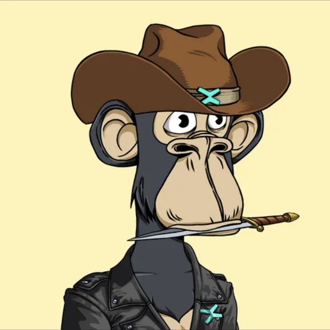 The image features a cartoon monkey wearing a cowboy hat, holding a knife with its mouth open as if ready for action or speech. The background of the image is yellow, which contrasts with the dark brown color of the monkey's outfit. There are no other objects in the image besides the monkey and the knife it holds.