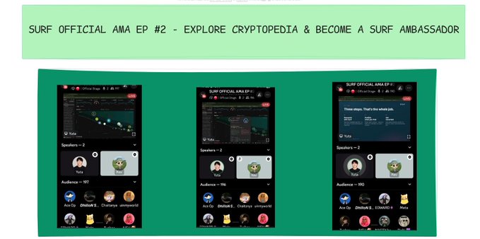 A promotional graphic for "Surf Official AMA EP #2" about exploring Cryptopedia and becoming a Surf Ambassador, showing audience engagement metrics.