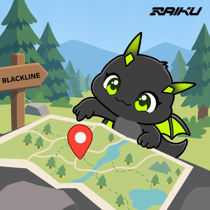 A cartoon illustration of a black dragon-like character with green eyes holding a map with a red location pin, set against a forest background with a 'BLACKLINE' sign and the word 'RAIKU' in the top right corner.