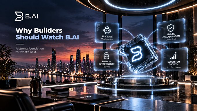 **B.AI - Why Builders Should Watch B.AI** — Futuristic marketing graphic with a glowing B logo cube highlighting four pillars: AI Agents, Secure Collaboration, Financial Infrastructure, and Ecosystem Growth, set against a city skyline at sunset.