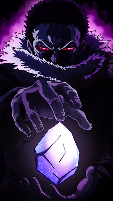 An anime-style illustration features a dark, menacing character with glowing red eyes and a fur-lined collar holding a glowing purple geometric crystal.