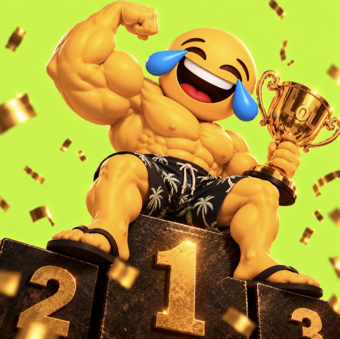 3D rendered emoji-style character with muscular body, crying-laughing face, and Hawaiian shorts sitting atop a #1 podium holding a gold trophy amid falling confetti.