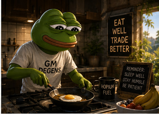 A Pepe the Frog character wearing a 'GM DEGENS' shirt cooks an egg in a kitchen, surrounded by signs reading 'EAT WELL TRADE BETTER', 'HOPIUM FUEL', and 'REMINDER: SLEEP WELL STAY HUMBLE BE PATIENT'.