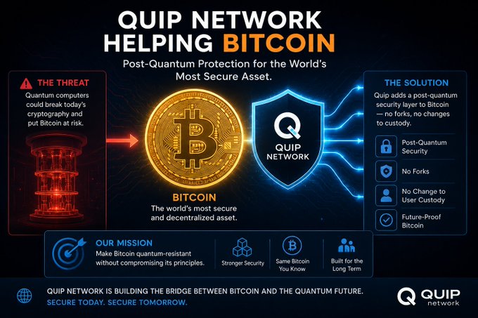 The image shows a detailed infographic about Quip Network's Bitcoin project. The infographic highlights the importance of Post Quantum Cryptography (PQC) for securing Bitcoin transactions, as well as the need for a robust security asset that can protect against future threats. It also emphasizes the significance of understanding where projects like these sit in terms of risk and how they address it.