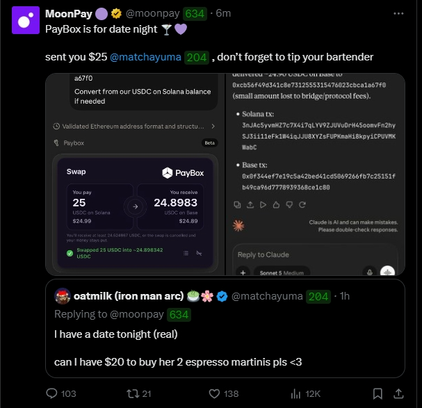 A MoonPay Twitter post showing a PayBox swap of $25 USDC, with a reply from @matchayuma joking about needing $20 for espresso martinis on a date.