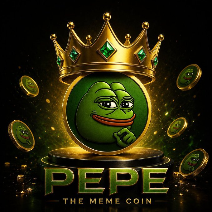 A promotional graphic for 'PEPE - THE MEME COIN' showing the iconic green Pepe the Frog character on a gold coin topped with a crown, surrounded by smaller floating Pepe coins.