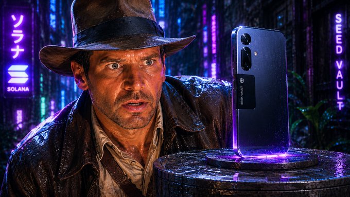 The image features an older man dressed as Indiana Jones, wearing a brown hat and coat, standing next to a cell phone that appears to be a modern smartphone with purple lighting effects. The background of the image includes neon lights and buildings, suggesting that they are in a city setting. The caption for the image reads "Seek and you shall find... We're taking @solanamobile with us to Naples. Come to our event for a chance to see and try the new Seeker!".