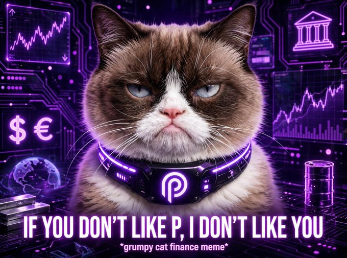 A grumpy cat finance meme featuring a scowling cat wearing a neon purple collar with a 'P' logo, surrounded by financial charts and currency symbols, with text 'IF YOU DON'T LIKE P, I DON'T LIKE YOU'.