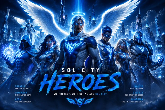 A promotional poster titled 'SOL CITY HEROES' features a group of winged superhero characters with glowing blue eyes against a nighttime cityscape. It lists characters including Solaris, Luminara, Aeon, Vantis, Celeste, and Guardan, with the tagline 'WE PROTECT. WE RISE. WE ARE SOL CITY.'