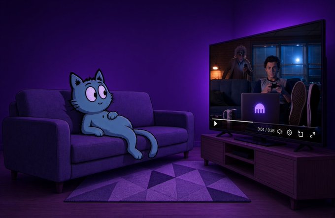 A cartoon illustration of a relaxed blue cat lounging on a purple couch watching a video stream on TV, which shows a person on a laptop.
